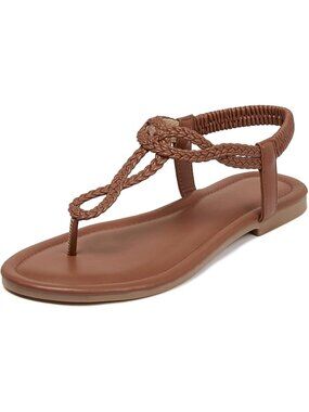 🆕 Women's Brown Braided T-Strap Flat Sandals Summer Boho Beach Walking Shoes